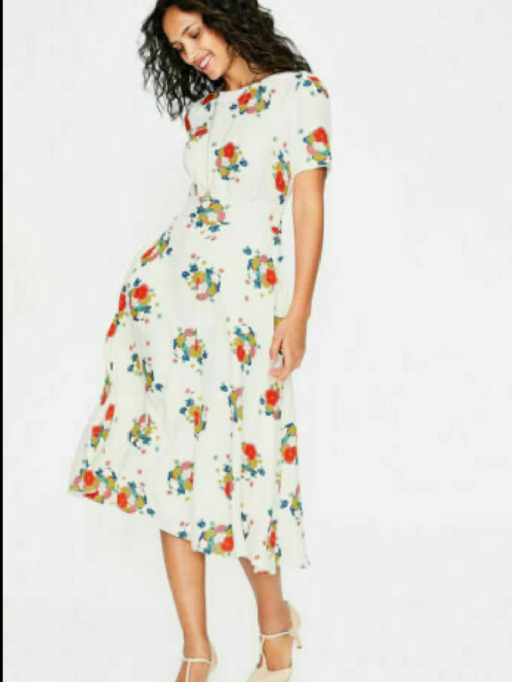 Boden White and Multicolor Floral Short Sleeve Midi Dress Size 8P